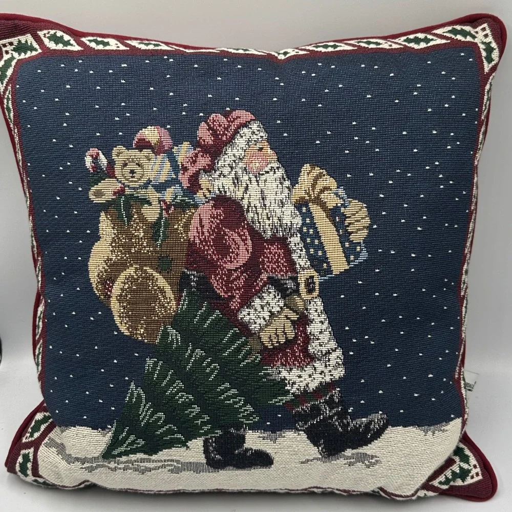 Riverdale Santa Claus Woven Tapestry Throw Pillow 16x16 Red Blue Christmas Decor